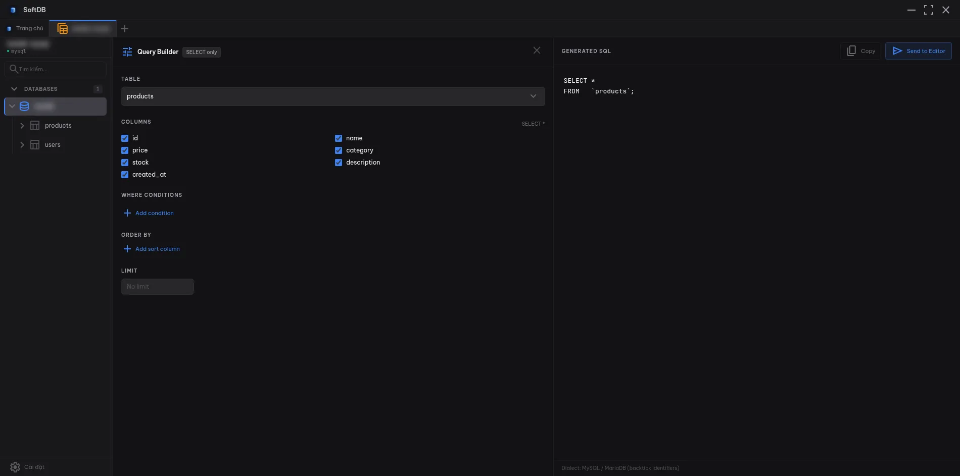 Query Builder panel showing table selection, column checkboxes, WHERE conditions, and generated SQL