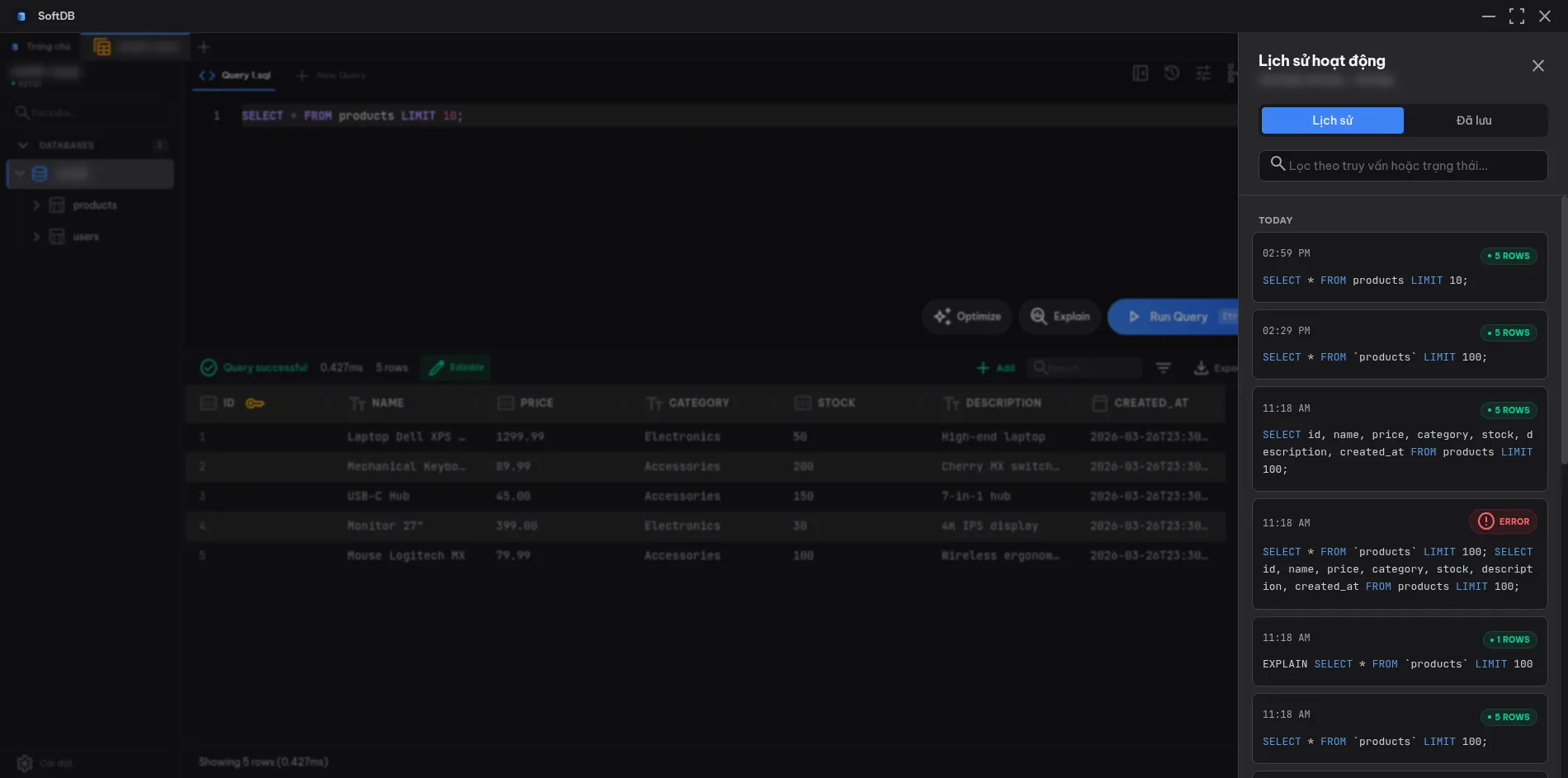 Query History drawer showing grouped history entries and the Saved Snippets tab